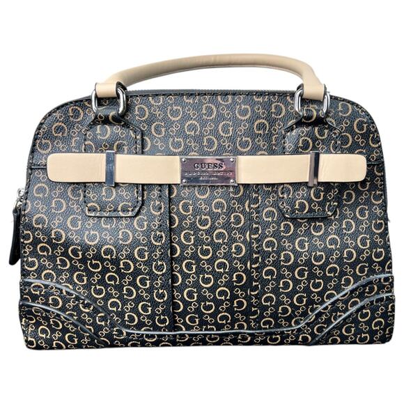 GUESS Signature Dome Satchel Handbag Brown/Tan Monogram Top Handle Bag - Picture 1 of 10